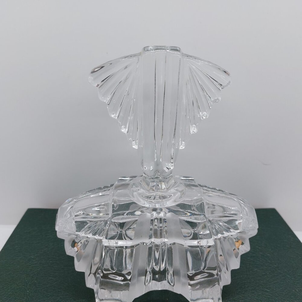 Vintage Art Glass Clear Glass Trinket Pot Fan Shape Lid Vanity Dressing Table - Picture 8 of 16